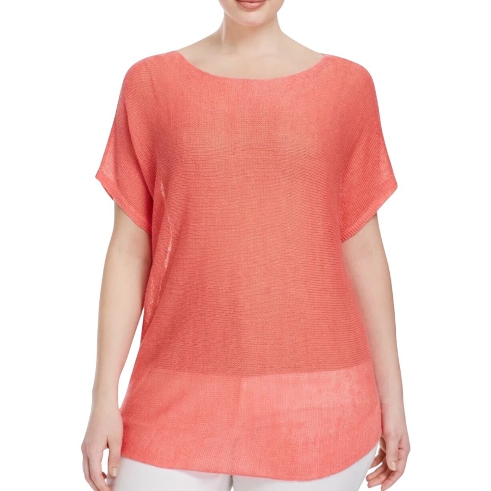 Eileen Fisher Coral Pink Organic Linen Gauze Knit Boxy Boat Neck Top XL S16OLG